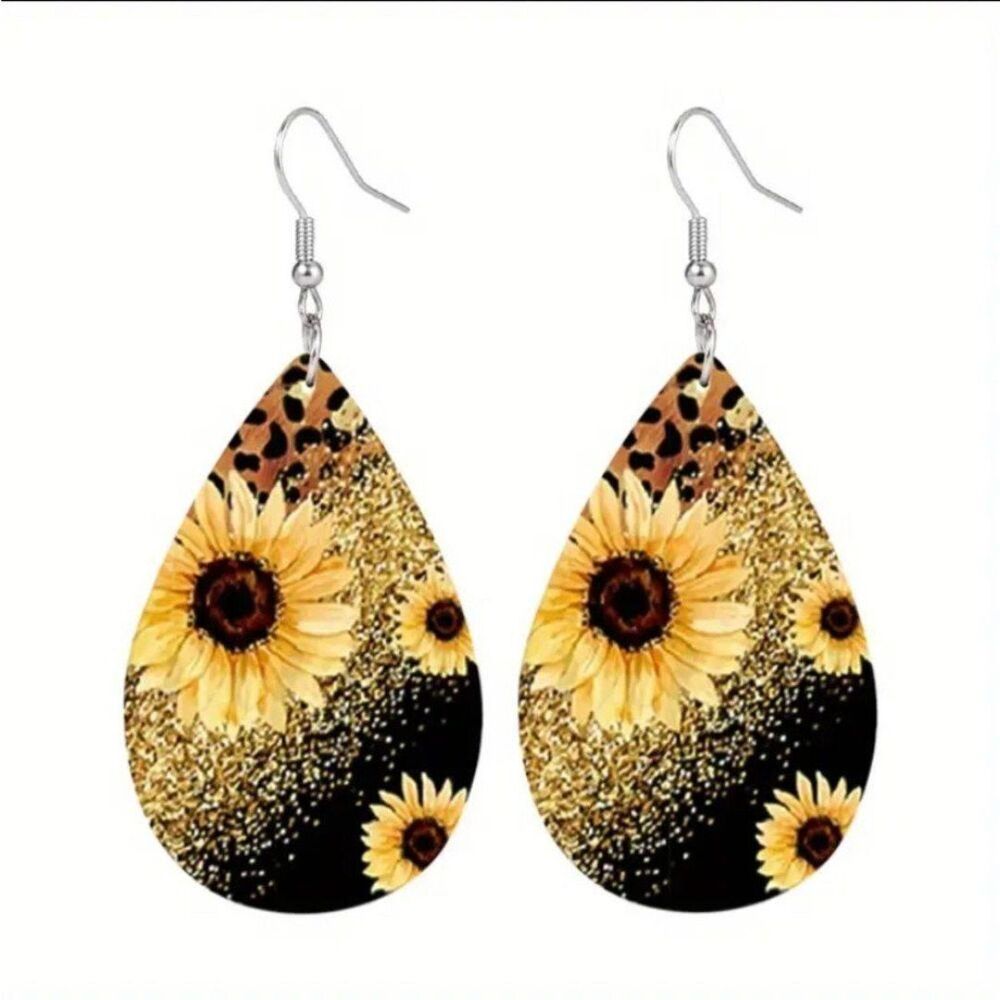Sunflower and Leopard Teardrop Dangle Earrings Faux Leather